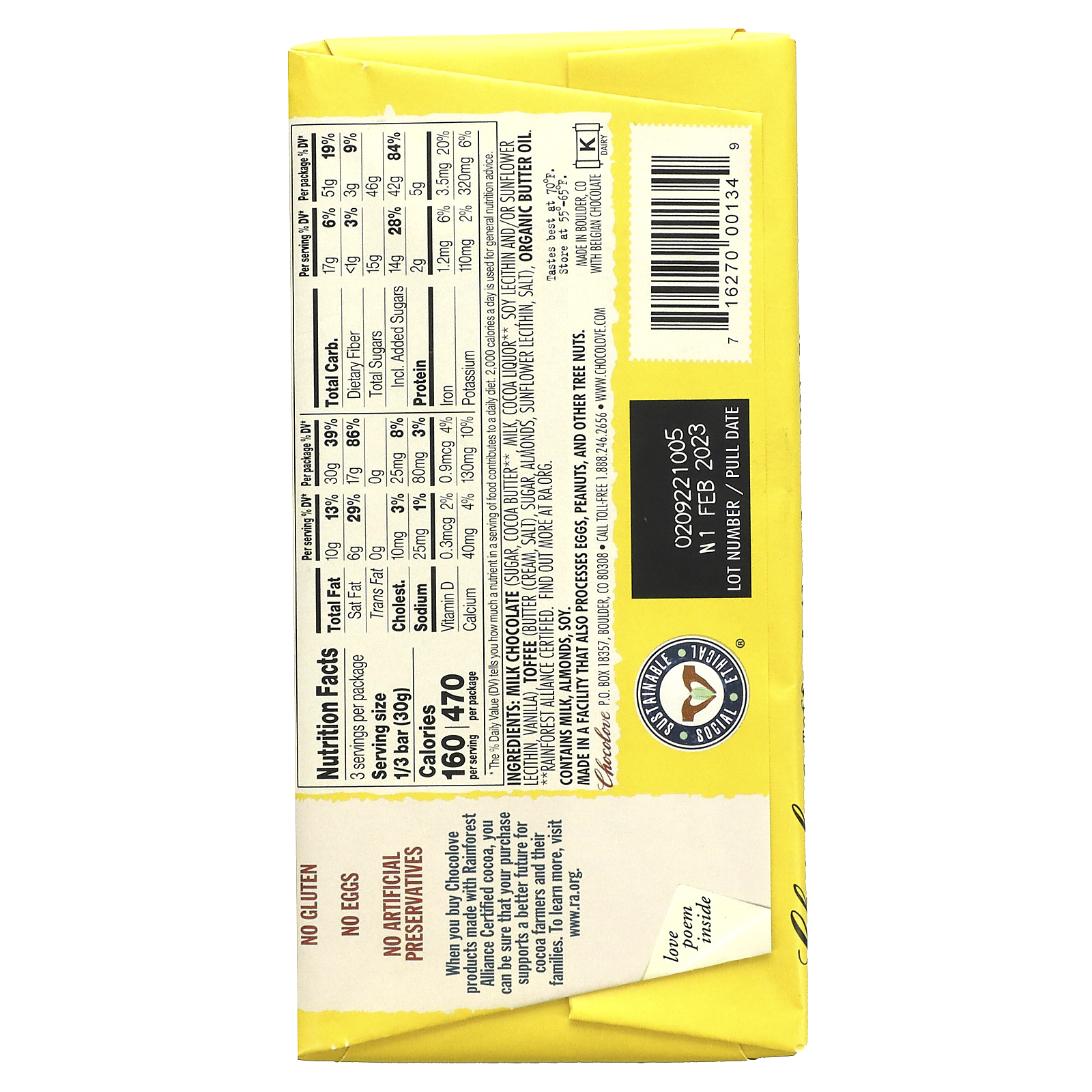 Chocolove, Toffee & Almonds in Milk Chocolate, 33 Cocoa, 3.2 oz (90 g)