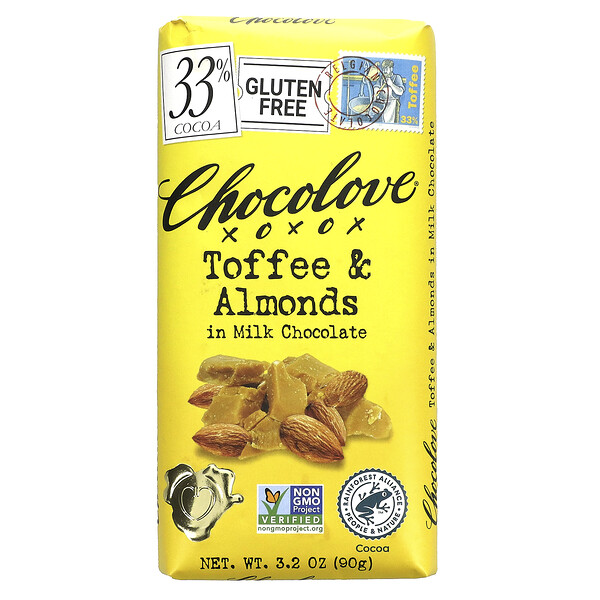 Chocolove, Toffee & Almonds in Milk Chocolate, 33 Cocoa, 3.2 oz (90 g)