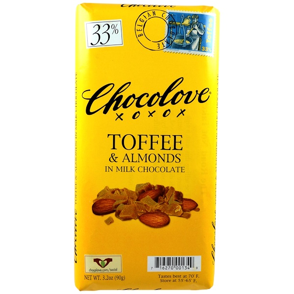 Chocolove, Молочный шоколад с тоффи и миндалем, 3,2 унции (90 г)
