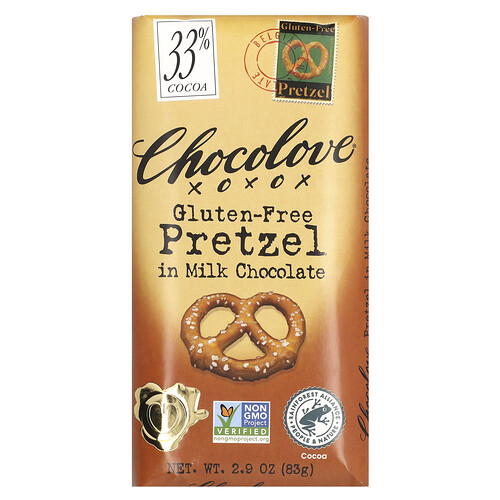 Chocolove, Gluten-Free Pretzel in Milk Chocolate, glutenfreie Brezel in Milchschokolade, 33% Kakao, 83 g (2,9 oz.)