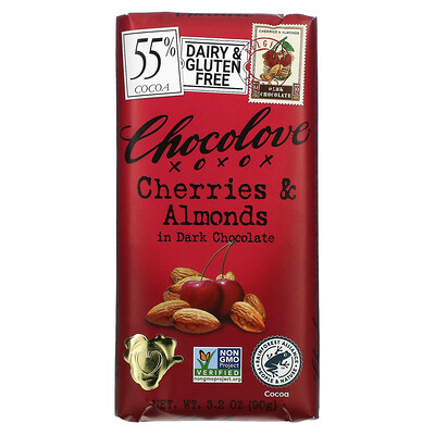 Chocolove вишни и миндаль в темном шоколаде, 55% какао, 90 г (3,2 жидк. унции)