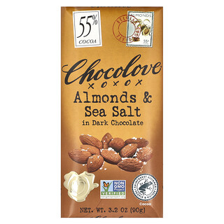Chocolove, Almendras y sal marina en chocolate negro, 55 % de cacao, 90 g (3,2 oz)