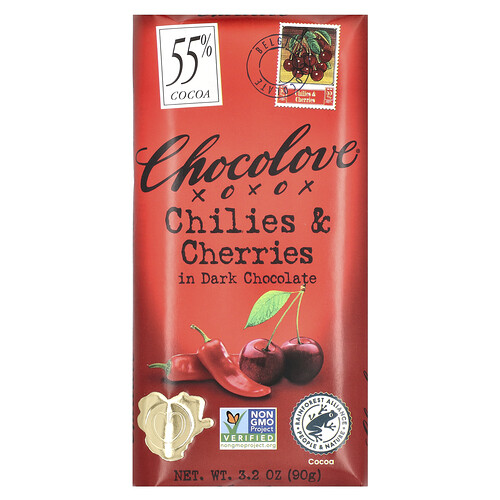 Chocolove, Chilies & Cherries in Dark Chocolate, 55% Cacao, 3.2 oz (90 g)