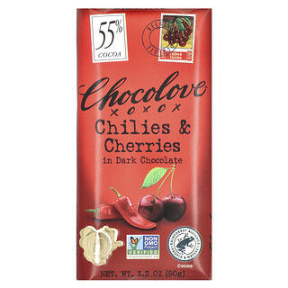 Chocolove, Chilies & Cherries in Dark Chocolate, 55% Cacao, 3.2 oz (90 g)