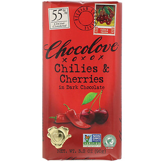 Chocolove, チリペッパー＆チェリー入りダークチョコレート、カカオ55％、90g（3.2オンス）