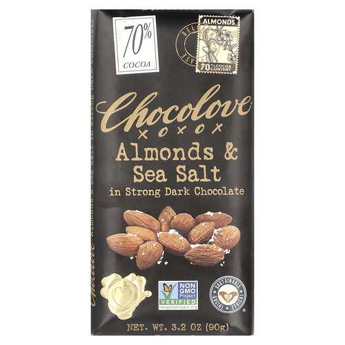 Chocolove, Almonds & Sea Salt in Strong Dark Chocolate, 70% Cocoa, 3.2 oz (90 g)