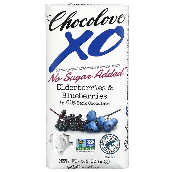 XO, бузина и голубика в 60% темном шоколаде, 90 г (3,2 унции)