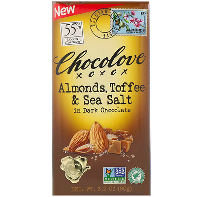 Chocolove черный шоколад с миндалем, тоффи и морской солью, 55% какао, 90 г (3,2 унции)