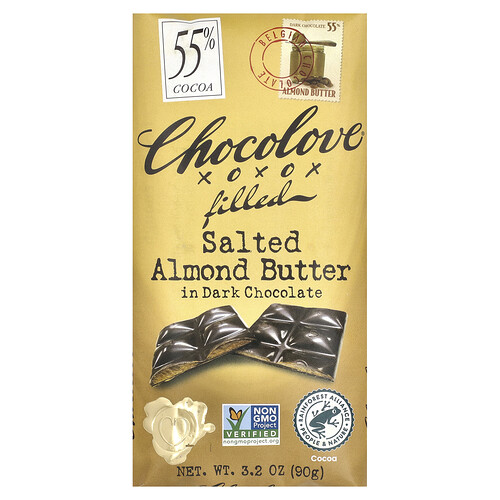 Chocolove, Salted Almond Butter in Dark Chocolate, gesalzene Mandelbutter in dunkler Schokolade, 55% Kakao, 90 g (3,2 oz.)