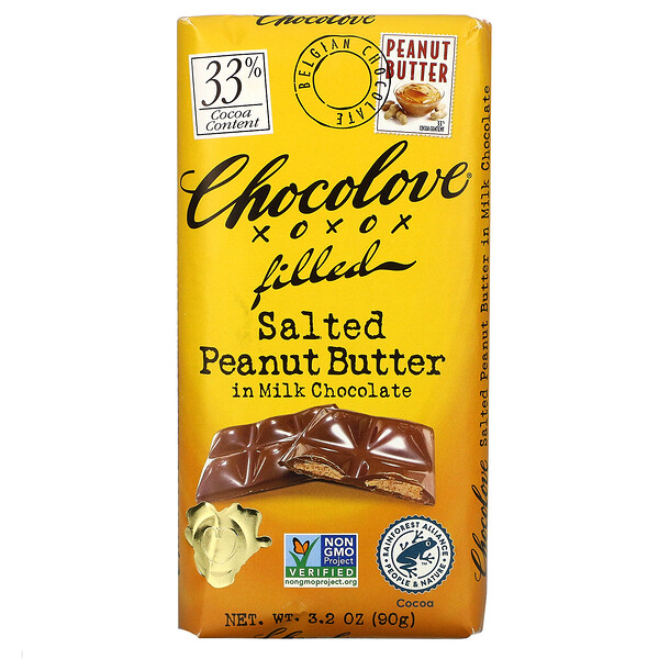 Chocolove, Salted Peanut Butter in Milk Chocolate, 33% Cocoa, 3.2 oz (90 g )