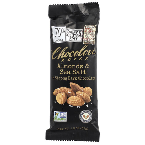 Chocolove, Almonds & Sea Salt in Strong Dark Chocolate, Mandeln und Meersalz in starker dunkler Schokolade, 70% Kakao, 37 g (1,3 oz.)