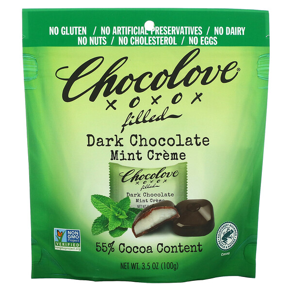 Chocolove, Filled Dark Chocolate Mint Creme, 55 Cocoa, 3.5 oz (100 g)