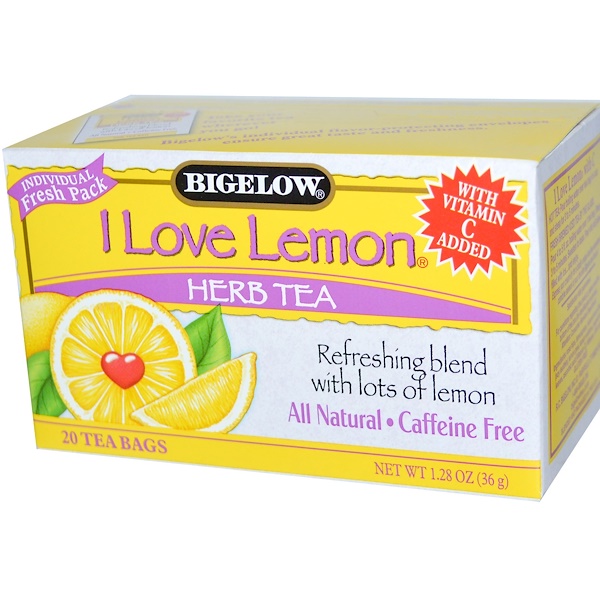 Bigelow, Травяной чай,"Я люблю лимоны", без кофеина, 20 пакетиков, 1.28 унций (36 г)