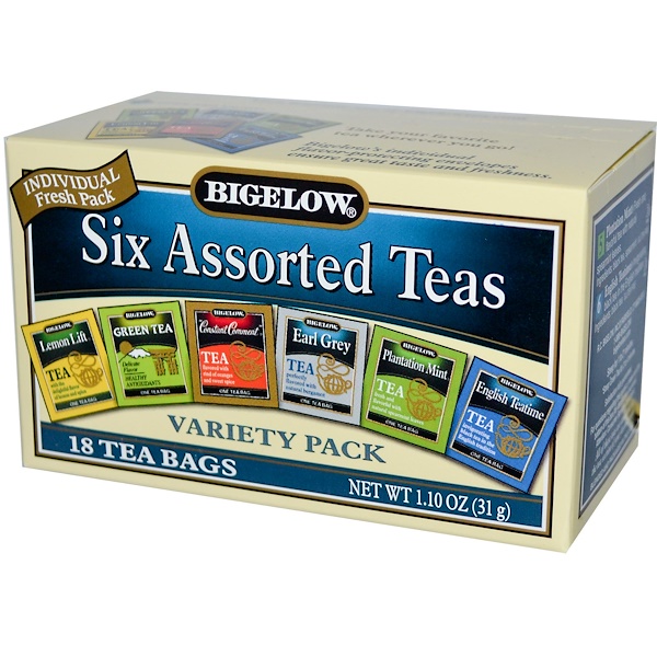 Bigelow, Шесть чайных ассорти, разнообразные упаковки, 18 пакетиков, 1,10 унции (31 г)