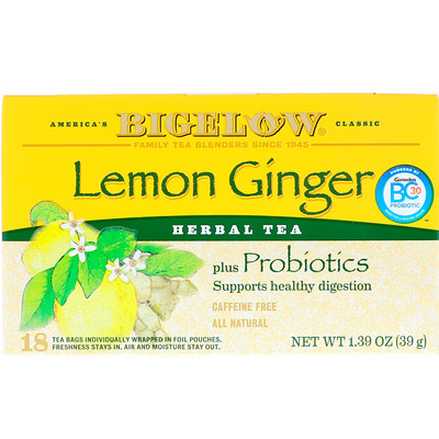 

Herbal Tea Plus Probiotics, лимонный имбирь, без кофеина, 18 чайных пакетиков, 1,39 унций (39 г)