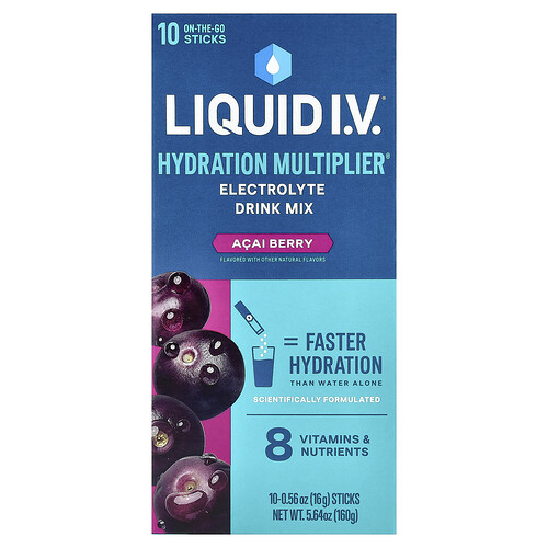 Liquid I.V., Hydration Multiplier, Elektrolyt-Trinkmischung, Açaí-Beere, 10 Sticks, je 16 g (0,56 oz.).