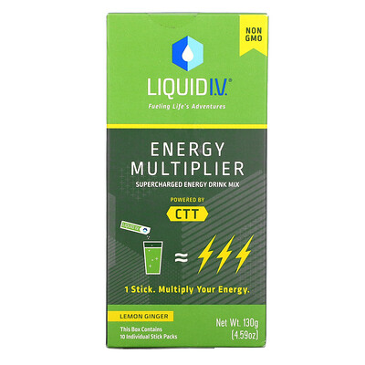 Liquid I.V. Energy Multiplier, Supercharged Energy Drink Mix, Lemon Ginger, 10 Stick Packs, 0.56 oz (16 g) Each