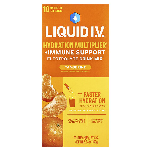 Liquid I.V., Hydration Multiplikator + Immune Support Drink Mix, Trinkmischung zur Hydratation und Unterstützung des Immunsystems, Mandarine, 10 Sticks, je 16 g (0,56 oz.)