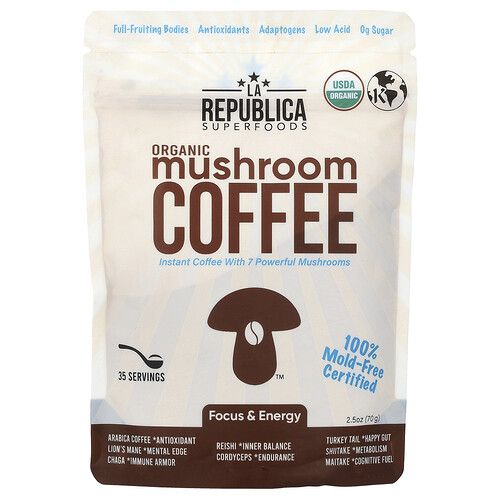 La Republica, Organic Mushroom Coffee, Instant Coffee With 7 Mushrooms, 2.5 oz (70 g)