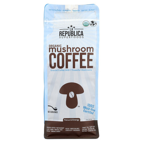 La Republica Organic Ground Superfood Mushroom Coffee, Fair Trade Arabica Coffee, Medium Roast, 60 S | Quill