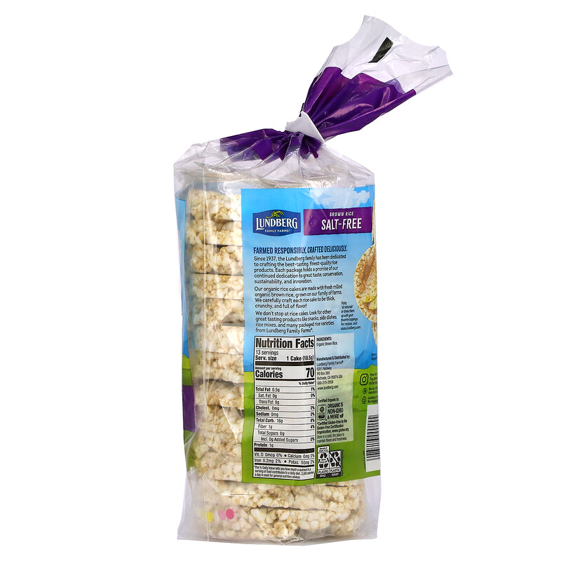 Lundberg, Organic Whole Grain Rice Cakes, Brown Rice, Salt Free, 8.5 oz