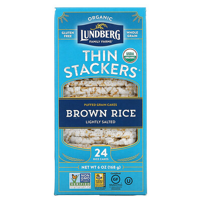 Lundberg Organic Thin Stackers, воздушные пироги, коричневый рис, слабосоленый, 24 рисовых лепешки, 168 г (6 унций)