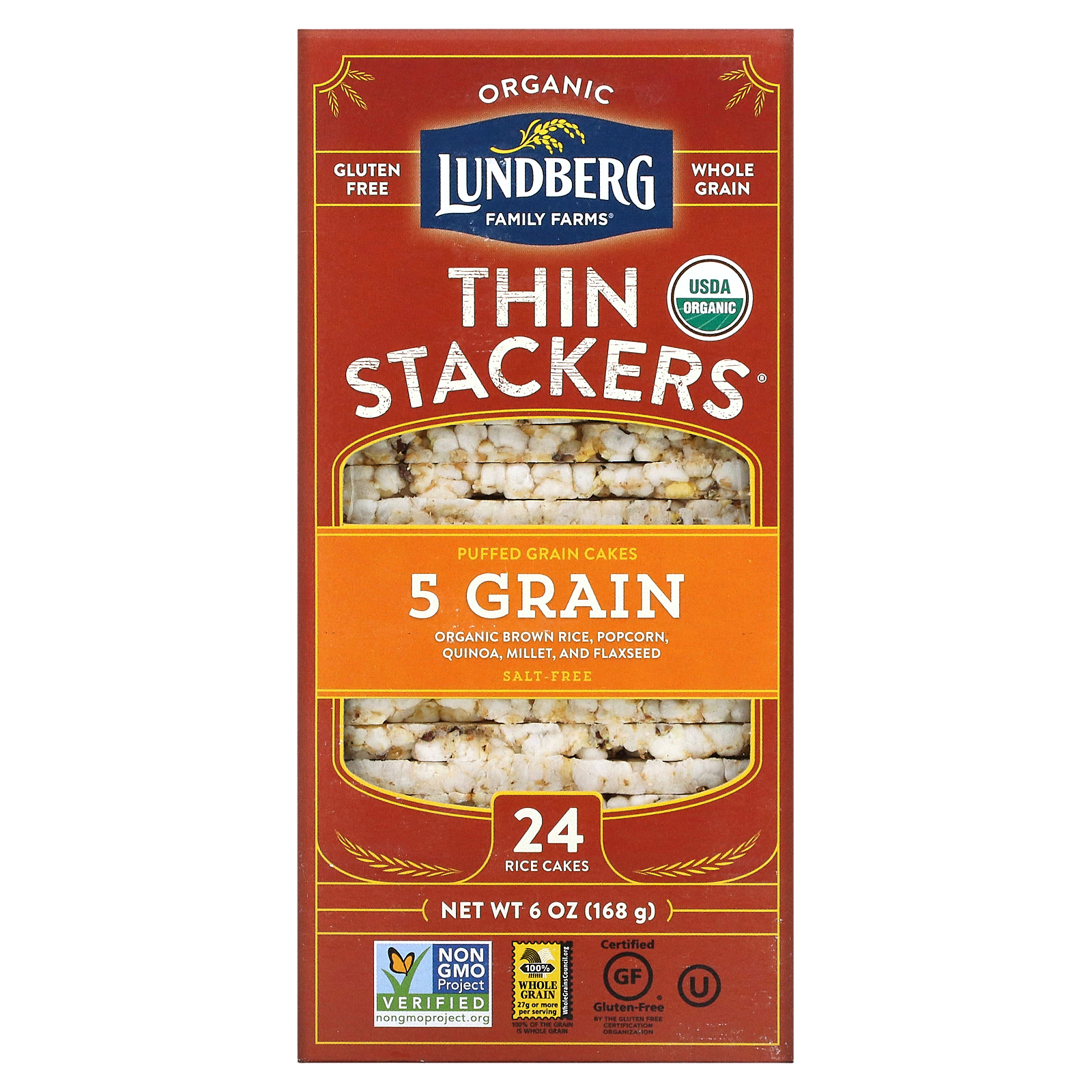 Lundberg, Organic Thin Stackers, Puffed Grain Cakes, 5 Grain, SaltFree
