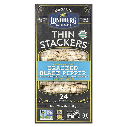 Lundberg, Organic Thin Stackers, Puffed Grain Cakes, Cracked Black Pepper, Lightly Salted, 24 Rice Cakes, 6 oz (168 g)