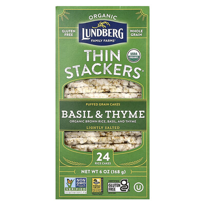 Product Image for Lundberg, Organic Thin Stackers, Puffed Grain Cakes, Basil & Thyme, Lightly Salted, 24 Rice Cakes, 6 oz (168 g)