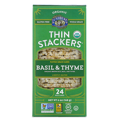 Lundberg Organic Thin Stackers, Puffed Grain Cakes, Basil & Thyme, Lightly Salted, 24 Rice Cakes, 6 oz (168 g)