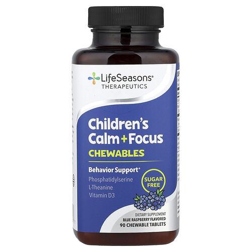 LifeSeasons, Calm+ Focus Kautabletten für Kinder, blaue Himbeere, 90 Kautabletten