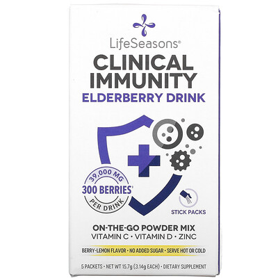 LifeSeasons Clinical Immunity Elderberry Drink Mix, Berry-Lemon, 39,000 mg, 5 Packets, 3.14 g Each