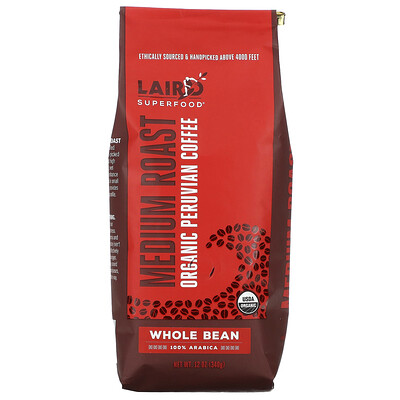 

Laird Superfood, Organic Peruvian Coffee, Whole Bean, Medium Roast, 12 oz (340 g)