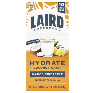 Laird Superfood, Apa de nucă de cocos hidratată, amestec de băuturi cu electroliți, ananas mango, 10 pachete pentru o singură porție, 0,3 oz (9 g) fiecare