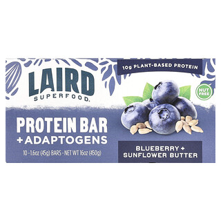 Laird Superfood, Bar Protein + Adaptogen, Blueberry + Mentega Bunga Matahari, 10 Bar, 1.6 oz (45 g) Setiap satu