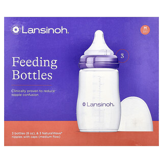 Lansinoh, Feeding Bottles with NaturalWave® Nipple, Medium Flow, 3m+, 3 Bottles, 8 fl oz (240 ml) Each