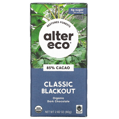 Alter Eco плитка органического темного шоколада, классический черный, 85% какао, 80 г (2,82 унции)