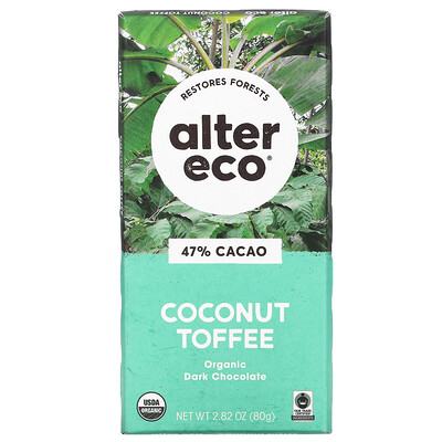 Alter Eco плитка органического темного шоколада, кокос и ирис, 47% какао, 80 г (2,82 унции)