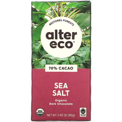 Alter Eco плитка органического темного шоколада, морская соль, 70% какао, 80г (2,82унции)