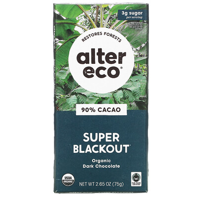 Alter Eco плитка органического темного шоколада, экстра черный, 90% какао, 75 г (2,65 унции)