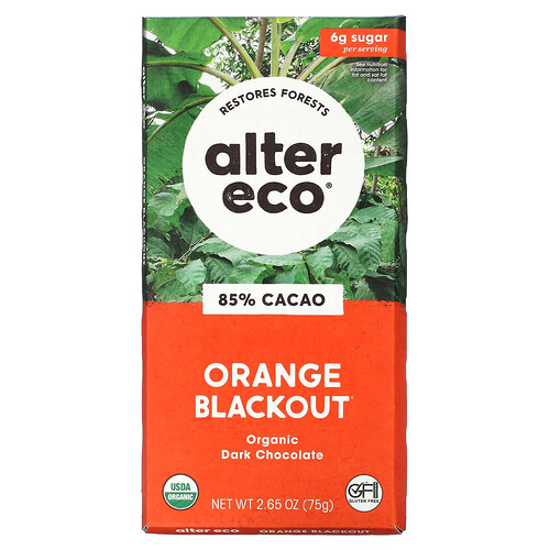 Alter Eco, Barra de chocolate negro orgánico, Apagón de naranja, 85% de cacao`` 75 g (2,65 oz)