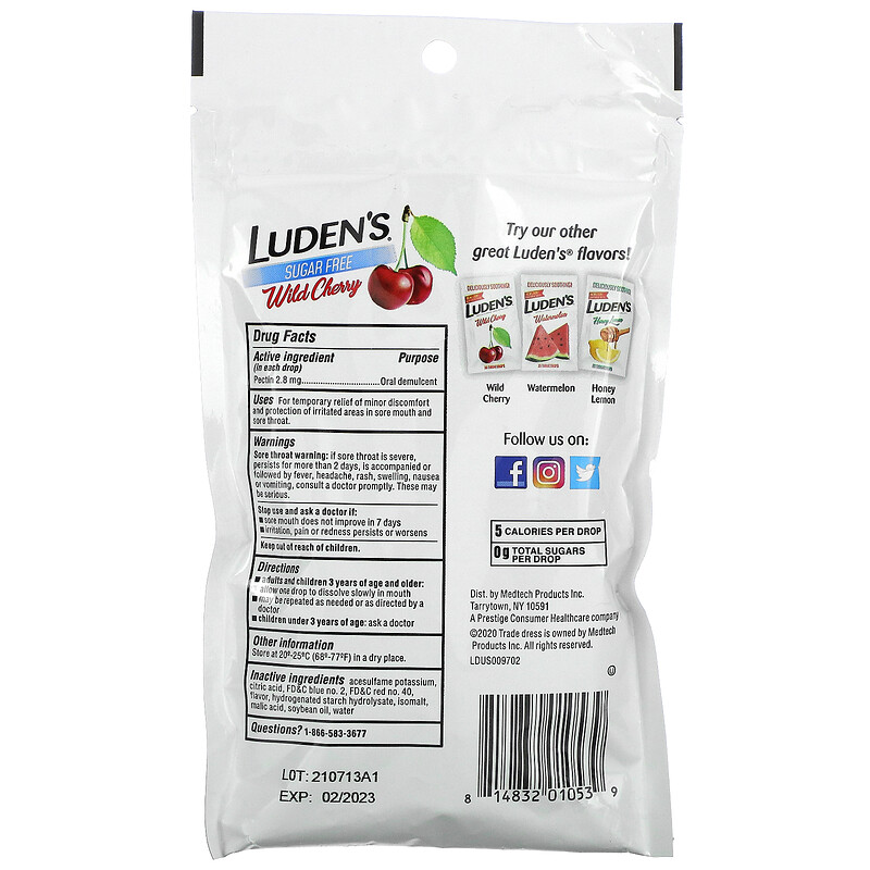 Luden's, Pectin Lozenge/Oral Demulcent, SugarFree, Wild Cherry, 25