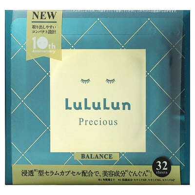 Lululun Precious Balance, косметические маски для лица, зеленые 4FB, 32 шт., 500 мл (17 жидк. Унций)