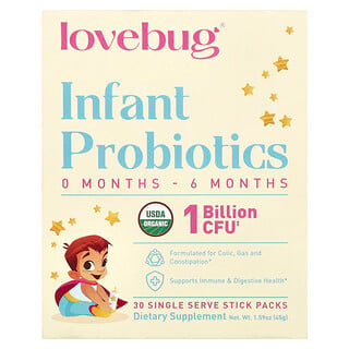 LoveBug Probiotics, Probióticos para bebés, De 0 a 6 meses, 1000 millones de UFC, 30 sobrecitos individuales, 1,5 g (0,05 oz) cada uno
