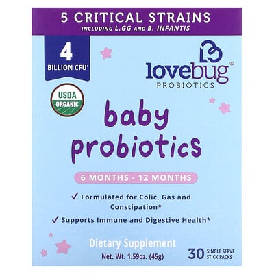 

LoveBug Probiotics Детские пробиотики, для детей от 6 до 12 месяцев, 4 млрд КОЕ, 30 порционных пакетиков