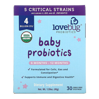 LoveBug Probiotics, ベビープロバイオティクス、Tiny Tummies（タイニータミーズ）デイリープロバイオティクス＋プレバイオティクス、6〜12か月用、40億CFU、個別包装スティック30本、1.5g（0.05オンス）