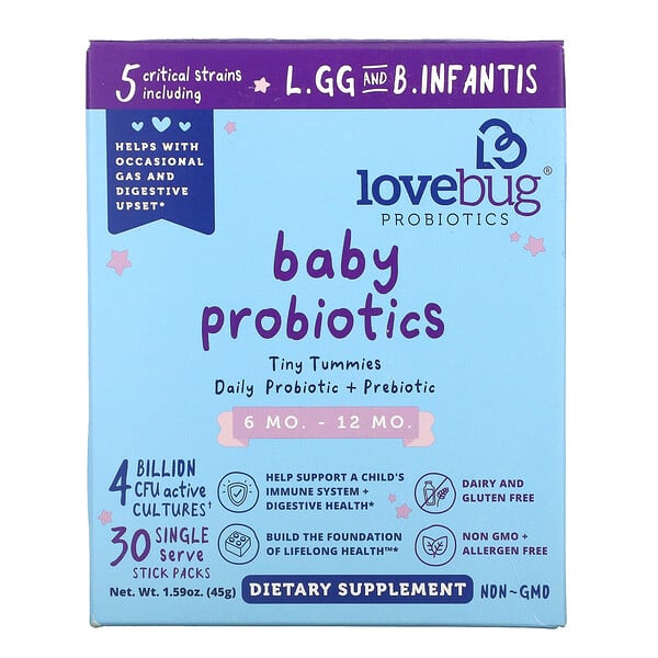 LoveBug Probiotics, Tiny Tummies, пробиотики и пребиотики для детей для ежедневного приема, от 6 до 12 месяцев, 4 миллиарда КОЕ, 30 отдельных порционных стиков по 1,5 г (0,05 унции)