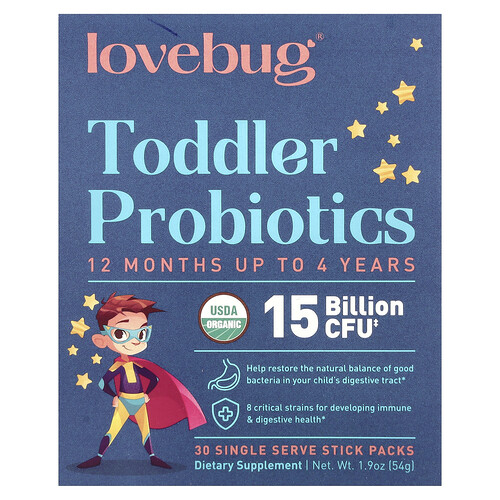 LoveBug Probiotics, Toddler Probiotics, Probiotika für Kleinkinder, 12 Monate bis 4 Jahre, 15 Milliarden KBE, 30 Portionssticks, je 1,8 g (0,06 oz.)