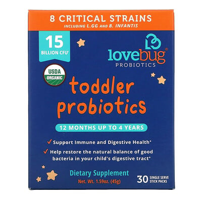 

LoveBug Probiotics пробиотики для детей в возрасте от 12 месяцев до 4 лет, 15 млрд КОЕ, 30 порций в индивидуальной упаковке