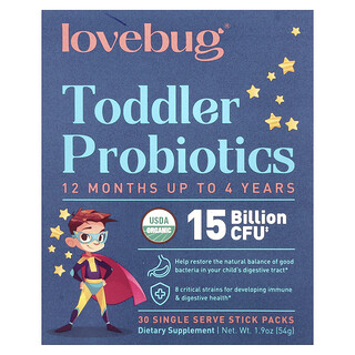 LoveBug Probiotics, Probiotice pentru copii mici, 12 luni până la 4 ani, 15 miliarde CFU, 30 pachete de batoane pentru o singură porție, 0,06 oz (1,8 g) fiecare